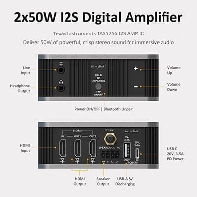 AA-AS32983 HEV250 2x50W QCC3095 Bluetooth 5.4 I2S Amplifier HDMI